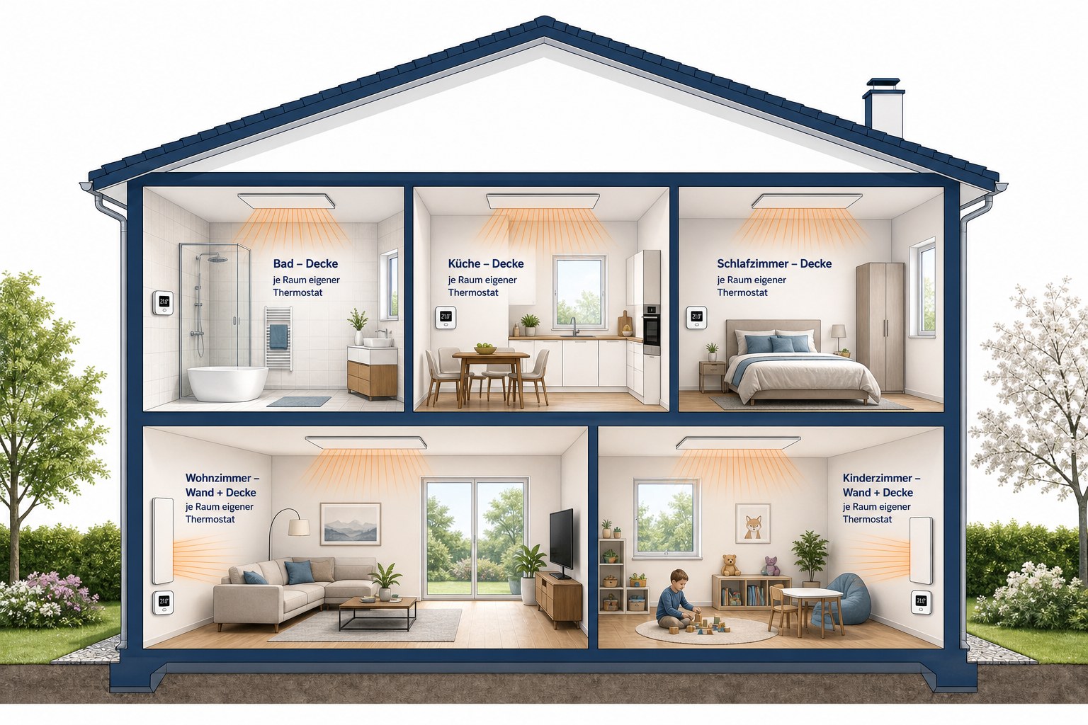 Raumweise Hauptheizung: jedes Zimmer mit passender Infrarotheizung an Wand oder Decke und eigenem Thermostat.