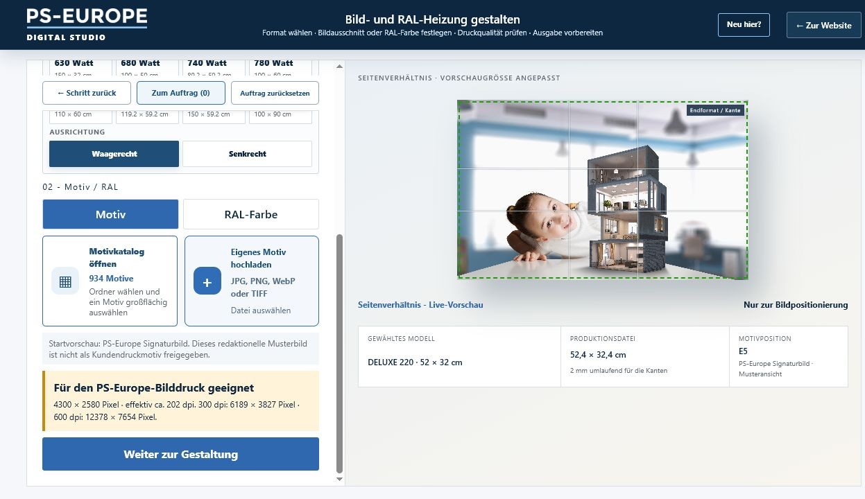 Design-Studio: Ausschnitt platzieren und Ausführung (Bilddruck oder RAL-Farbe) festlegen.